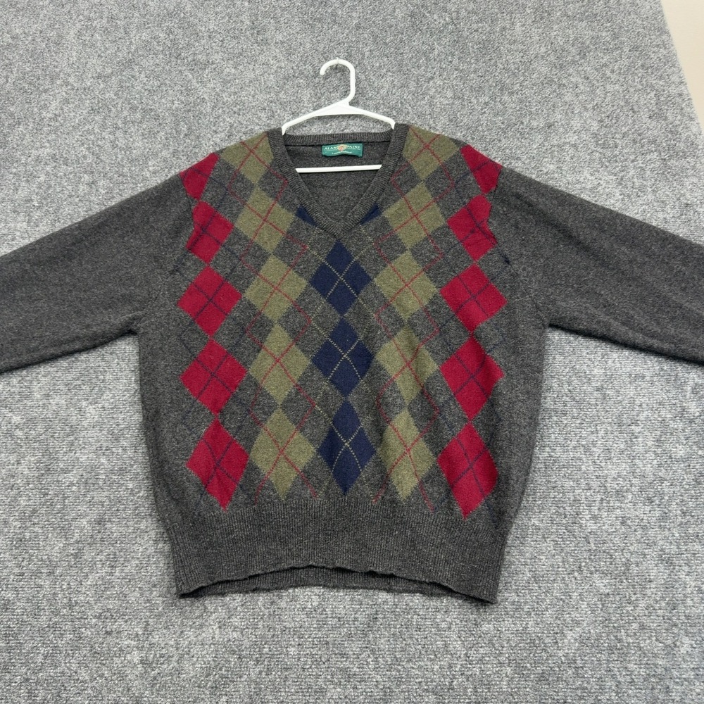 Vintage Alan Paine Sweater Mens L Gray Wool Argyle V Neck Preppy Classic Fall